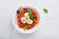 Caprese salad. Italian caprese salad with sliced tomatoes, mozzarella cheese, basil, olive oil in white plate over white backgroun Royalty Free Stock Photo