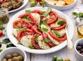 Caprese salad made of sliced fresh tomatoes, mozzarella cheese and basil served on a white plate on a wooden table. Royalty Free Stock Photo