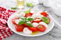 Caprese salad. Salad with mozzarella cheese fresh tomatoes, basil leaves and olive oil. Italian food Royalty Free Stock Photo