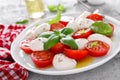 Caprese salad. Salad with mozzarella cheese fresh tomatoes, basil leaves and olive oil. Italian food Royalty Free Stock Photo