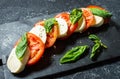 Caprese salad. Mozzarella cheese, tomatoes and basil herb leaves over stone table. Royalty Free Stock Photo