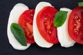 Caprese salad. Mozzarella cheese, tomatoes and basil herb leaves over stone table. Top view Royalty Free Stock Photo