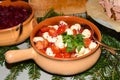 Caprese salad. Mozzarella and cherry tomatoes. Food selection during Sunday brunch buffet in hotel Royalty Free Stock Photo