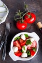 Caprese salad with mozzarella, tomato, basil and balsamic vinegar arranged on white bowl on stone background Royalty Free Stock Photo