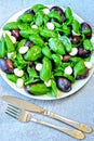 Caprese salad with plums. Fruity caprese. Healthy salad with basil and plums on a plate.