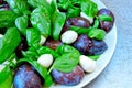 Caprese salad with plums. Fruity caprese. Healthy salad with basil and plums on a plate.