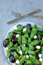 Caprese salad with plums. Fruity caprese. Healthy salad with basil and plums on a plate.