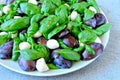 Caprese salad with plums. Fruity caprese. Healthy salad with basil and plums on a plate. A plate with a useful salad.