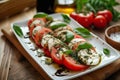 Caprese salad with ripe tomatoes, mozzarella cheese, fresh basil Royalty Free Stock Photo