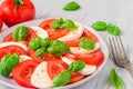 Caprese salad with ripe tomatoes and mozzarella cheese with fresh basil leaves in a plate with fork. top view Royalty Free Stock Photo