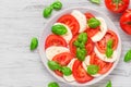 Caprese salad with ripe tomatoes and mozzarella cheese with fresh basil leaves in a plate. top view Royalty Free Stock Photo