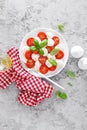 Caprese salad. Salad with mozzarella cheese fresh tomatoes, basil leaves and olive oil. Italian food Royalty Free Stock Photo