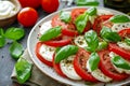 Caprese salad with sliced tomatoes, mozzarella, basil, olive oil. Organic and healthy. Generative AI