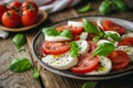 Caprese salad with sliced tomatoes, mozzarella, basil, olive oil. Organic and healthy. Generative AI