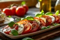 Caprese salad with sliced tomatoes, mozzarella, basil, olive oil. Organic and healthy. Generative AI