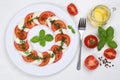 Caprese salad with tomatoes and mozzarella from above on wooden Royalty Free Stock Photo