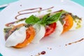 Caprese salad with tomatoes, mozzarella and basil. Red and orange tomatoes with white cheese and sauce. Portion of food Royalty Free Stock Photo