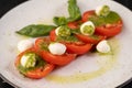 Caprese salad on white plate in italian restaurant. Italian food and healthy vegetarian food Royalty Free Stock Photo