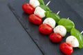Caprese sticks with mozzarella, tomatoes and basil leaves on black background Royalty Free Stock Photo