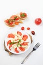 Caprese and Toast bruschetta with mozzarella cheese, cherry tomatoes and fresh garden basil. Traditional Italian food, healthy Royalty Free Stock Photo