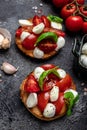 Caprese toasts with mozzarella, cherry tomatoes and fresh garden basil. Traditional italian appetizer or snack, antipasto. Royalty Free Stock Photo