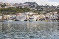 Capri island, Italy - April 12, 2017: Panorama of the seaport Marina Grande, view from the water on ships and colorful Royalty Free Stock Photo