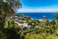 Colorful panorama of Capri island full of buildings and trees with small train line to top from