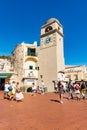 High clock tower at the Piazzetta di Capri at center of island Royalty Free Stock Photo