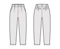 Capri pants technical fashion illustration with belt loops, mid-calf length, normal waist, high rise, slash, flap pocket