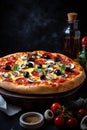 Capricciosa Italian pizza with mushroom, black olives and basil. Royalty Free Stock Photo