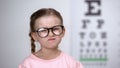 Capricious little girl afraid of eyeglasses, feeling insecure, vision correction