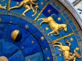 Capricorn astrological sign on ancient clock. Detail of Zodiac wheel with Moon and constellations