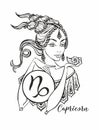 The Capricorn astrological sign as a beautiful girl. Horoscope. Astrology. Coloring. Vector Royalty Free Stock Photo