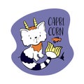 Capricorn Astrological Zodiac sign with cute cat character. Cat zodiac icon. Baby shower or birthday greeting card