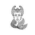 Capricorn girl portrait. Zodiac sign for adult coloring book. Simple black and white vector illustration. Royalty Free Stock Photo