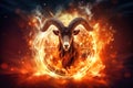 A Capricorn goat with long horns stands in front of a blazing ball of fire