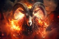 A Capricorn goat with long horns stands in front of a fire ball, showcasing a powerful and dynamic image