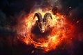 A Capricorn goat with long horns stands in front of a fire ball, showcasing a powerful and dynamic image