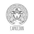 Capricorn zodiac sign artwork, adult coloring book page, beautiful horoscope symbol girl, vector illustration Royalty Free Stock Photo