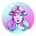 Capricorn zodiac sign artwork, beautiful girl face, horoscope symbol, star sign, vector illustration