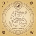Capricorn zodiac sign, astrological horoscope sign. Outline drawing in a decorative circle with mystical astronomical symbols.
