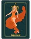 Capricorn zodiac sign, a beautiful magical woman with horns in a fiery dress on a dark background with stars. Poster, illustration Royalty Free Stock Photo