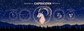 Capricorn zodiac sign, beautiful modern astrology banner on night landscape background, horoscope vector background Royalty Free Stock Photo