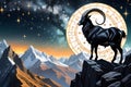 Capricorn Zodiac Sign Embodied as a Magic Astrology Goat Climbing the Peaks of a Star-Studded Mountain Royalty Free Stock Photo