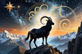 Capricorn Zodiac Sign Embodied as a Magic Astrology Goat Climbing the Peaks of a Star-Studded Mountain Royalty Free Stock Photo