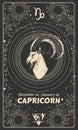 Capricorn zodiac sign, modern astrology card with horoscope symbols, sun, moon and stars, vintage illustration on black Royalty Free Stock Photo