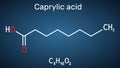 Caprylic acid, octanoic acid molecule. It is straight-chain saturated fatty and carboxylic acid. Salts are octanoates or Royalty Free Stock Photo