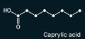 Caprylic acid, octanoic acid molecule. It is straight-chain saturated fatty and carboxylic acid. Salts are octanoates or Royalty Free Stock Photo