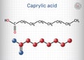Caprylic acid, octanoic acid molecule. It is straight-chain saturated fatty and carboxylic acid. Salts are octanoates or