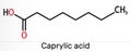 Caprylic acid, octanoic acid molecule. It is straight-chain saturated fatty and carboxylic acid. Salts are octanoates or Royalty Free Stock Photo